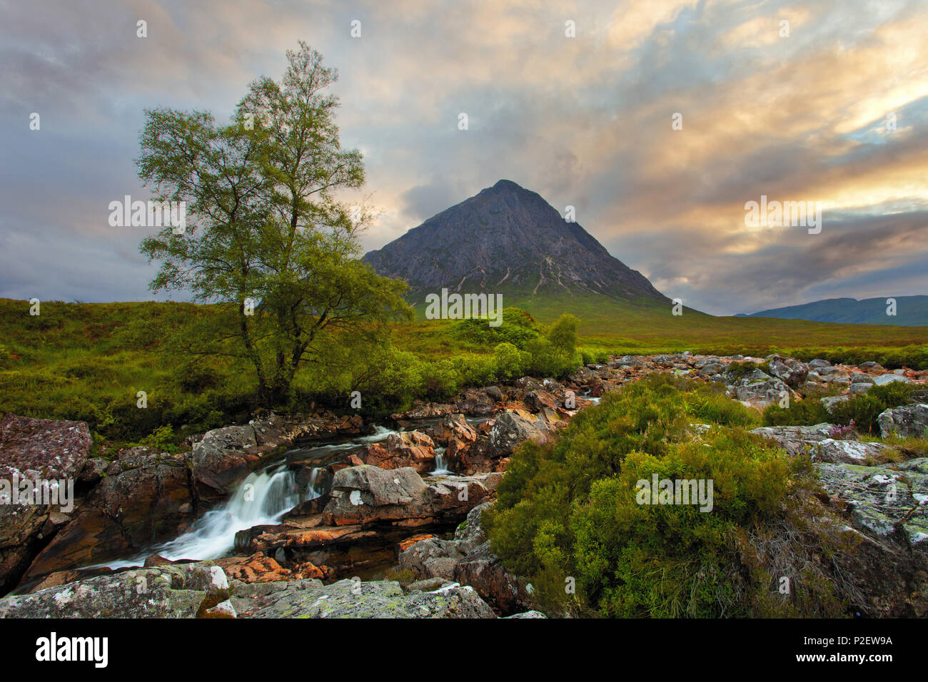 Sunset, River Coe, Glen Etive, Stob Dearg, Highlands, Scotland Stock Photo