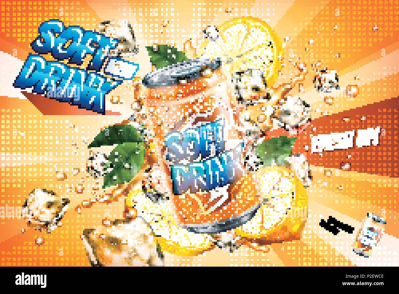 Soft drink ads with sliced lemon and floating ice cubes in 3d illustration Stock Vector