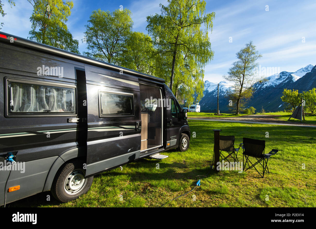 Spring, Camper, Wohnmobil, Campsite, Romsdal, Norway, Europe Stock Photo