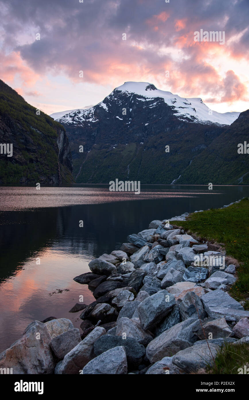 Geirangerfjord, Sunset, Fjord, Mountains, Romsdal, Norway, Europe Stock Photo