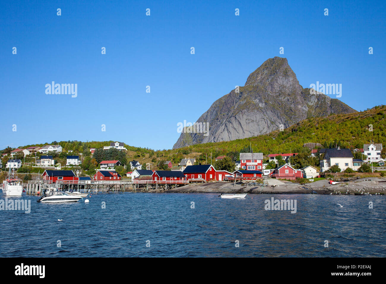 Port, Boat, Reine, Fjord, Moskenesoya, Lofoten, Norway, Europe Stock Photo