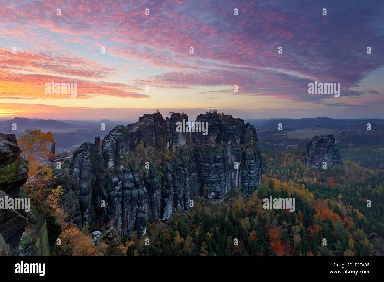 Schrammsteine, Sunset, Autumn, Saxon Switzerland, Saxony, Germany, Europe Stock Photo