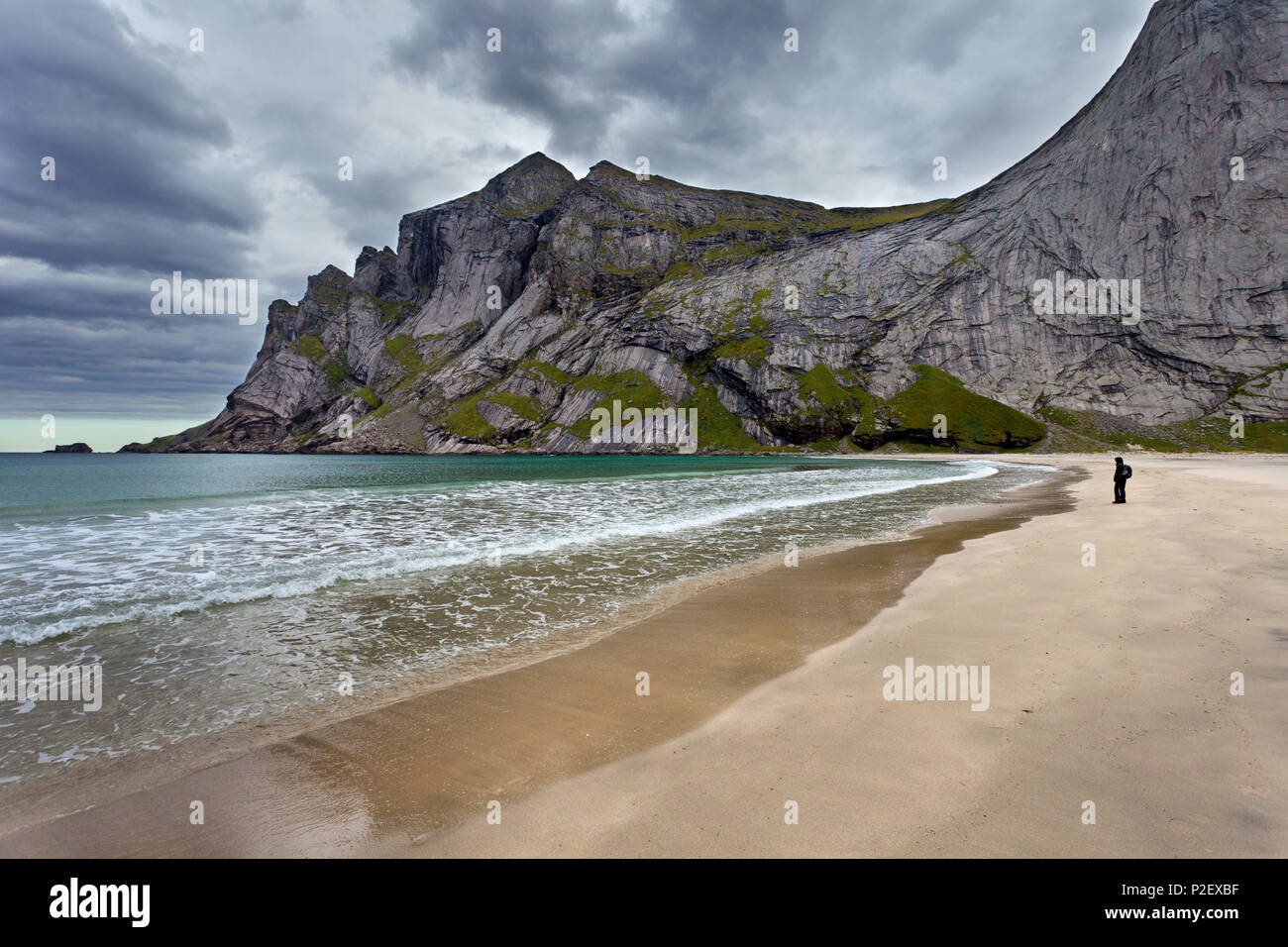 Beach, Sand, Mountains, Ocean, Bunes, Person, Moskenesoya, Lofoten, North, Norway, Europe Stock Photo
