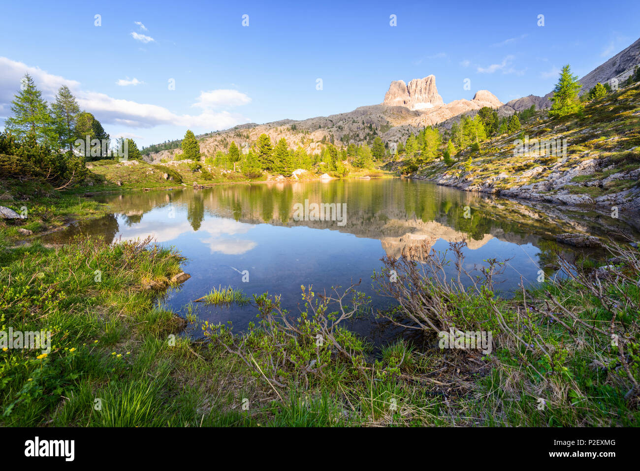 Golden Hour, Reflection, Mountain Lake, Lago Limides, Dolomites, Alps, Italy, Europe Stock Photo