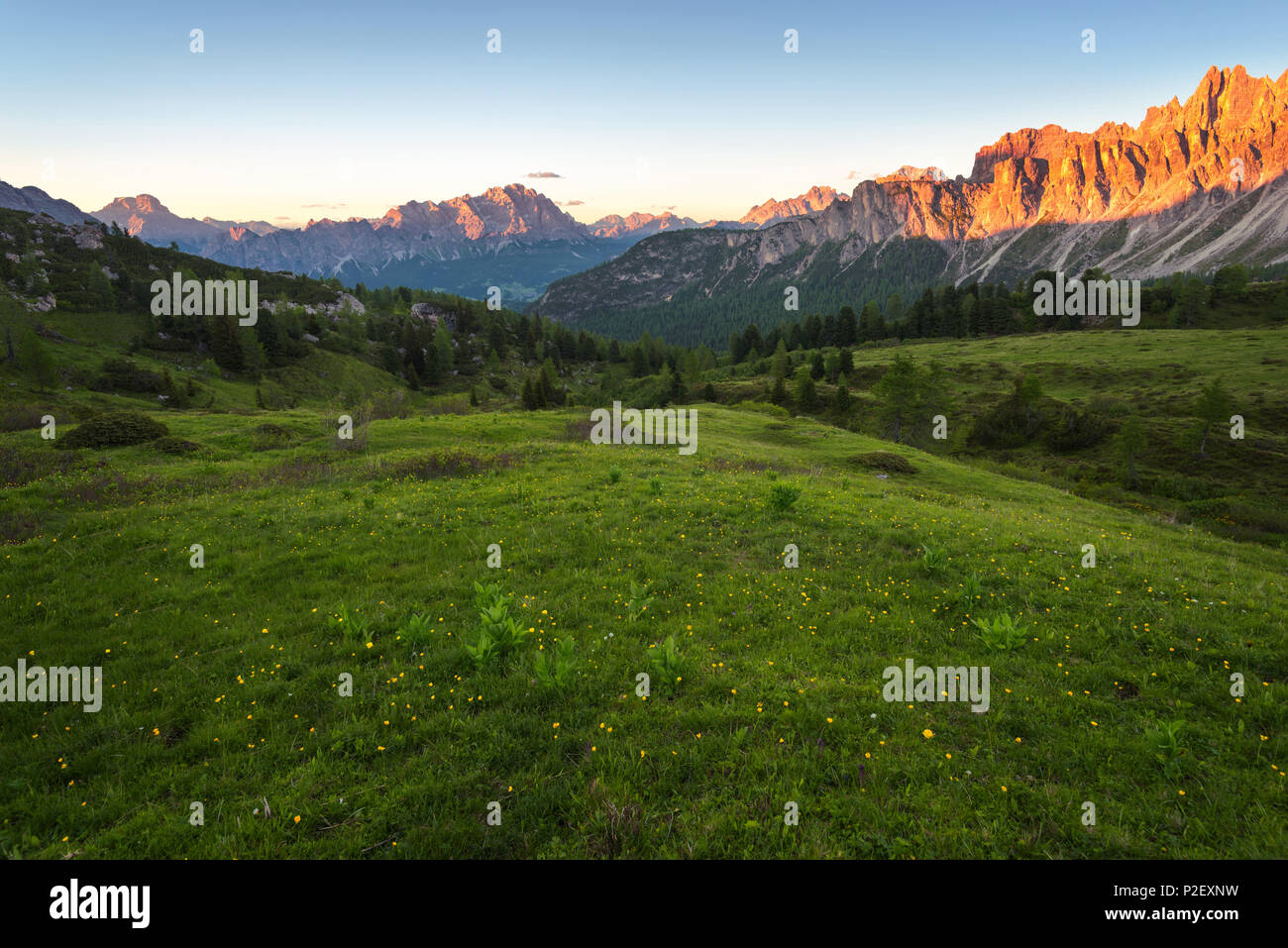 Sunset, Alpenglow, Passo Giau, Monte Cristallo, Formin, Dolomites, Alps, Italy, Europe Stock Photo