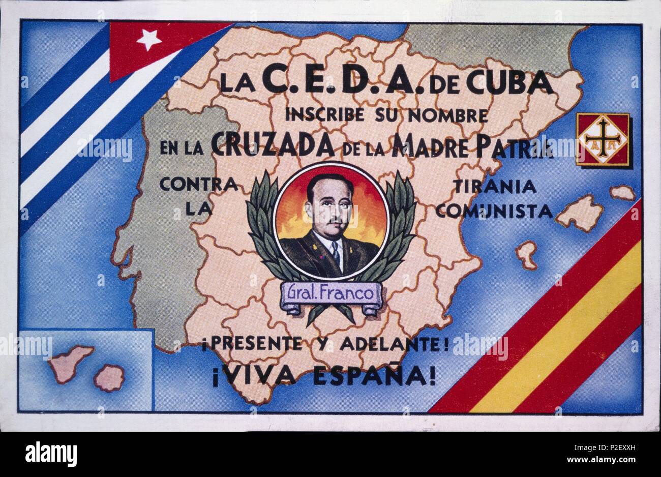Cartel editado en La Habana (Cuba), por la confederación Española de Derechos Autónomos - CEDA. Zona Nacional. Año 1939. Guerra civil 1936-1939. Stock Photo