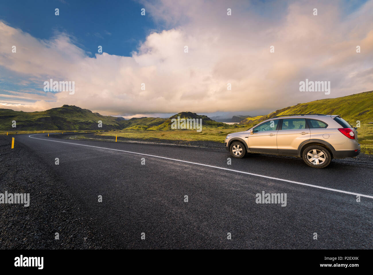 Jeep, Road, Highlands, Mountains, Sunset, Iceland, Europe Stock Photo