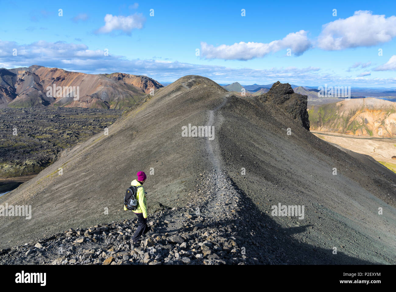 Hiker, Young Woman, Summit, Ridge, Landmannalaugar, Highlands, Iceland, Europe Stock Photo