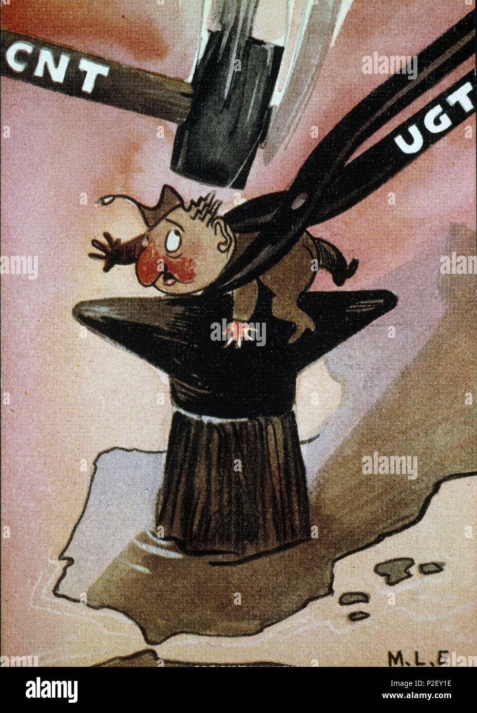 Cartel satírico de la CNT-UGT. Editado en Francia.  Zona Republicana. Año 1937. Guerra civil 1936-1939. Stock Photo