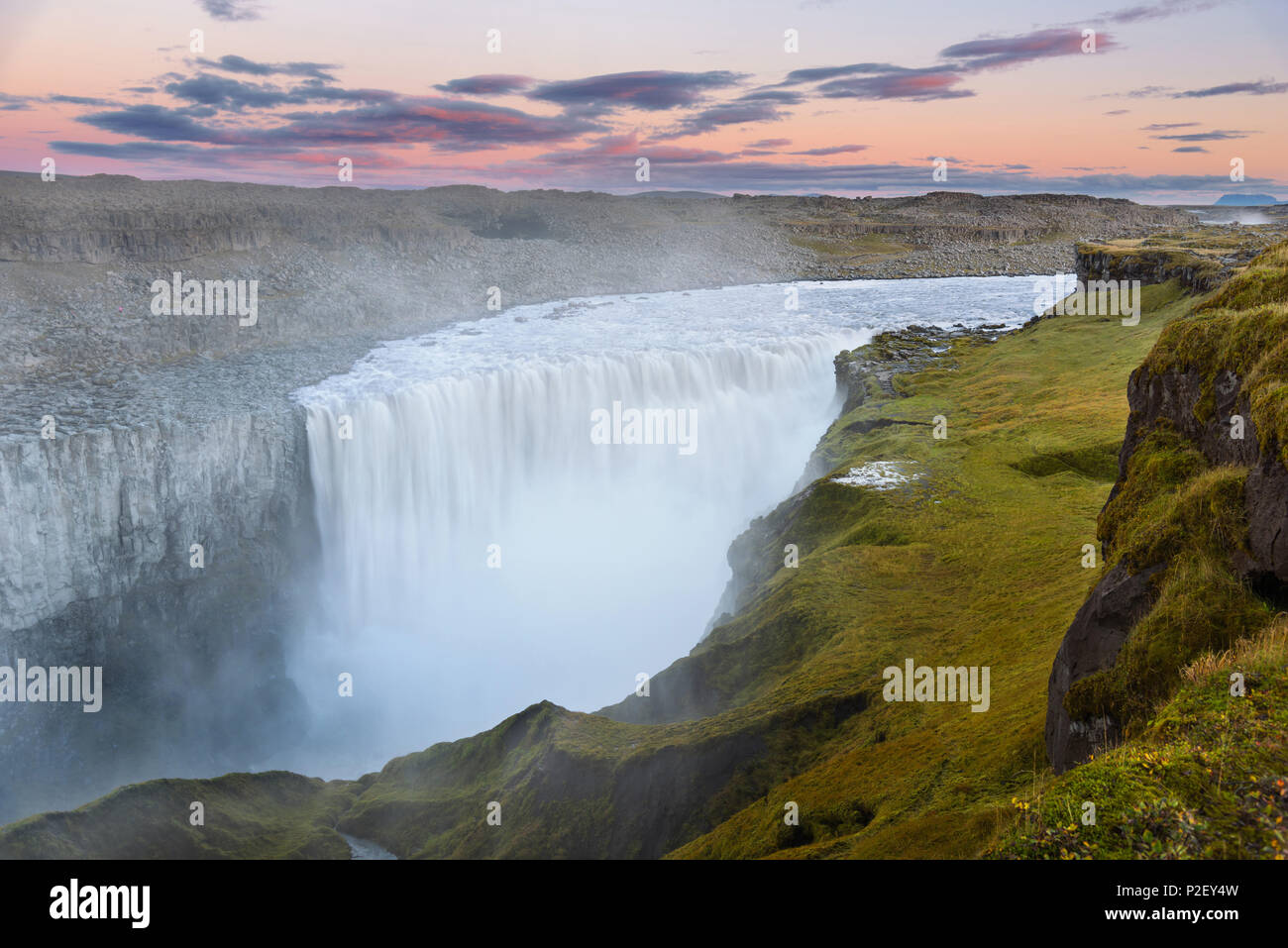 Waterfall, Dettifoss, Sunset, Spray, Gorge, Iceland, Europe Stock Photo