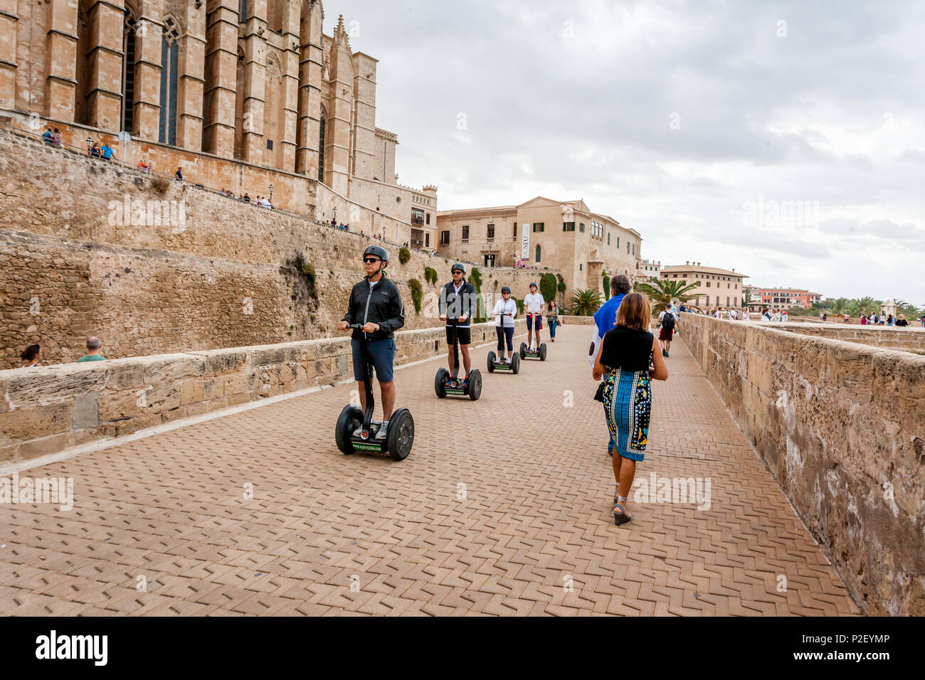 Tourists on the segwayz at the Dalt Murada in the old town of Palma, Palma, Mallorca, Spain, Europe Stock Photo