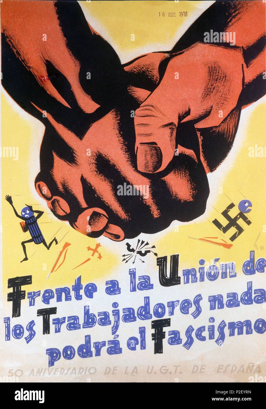 Cartel publicitario con motivo del 50 Aniversario de la U.G.T. de España. Agosto de 1938. Cataluña. Guerra civil 1936-1939. Stock Photo