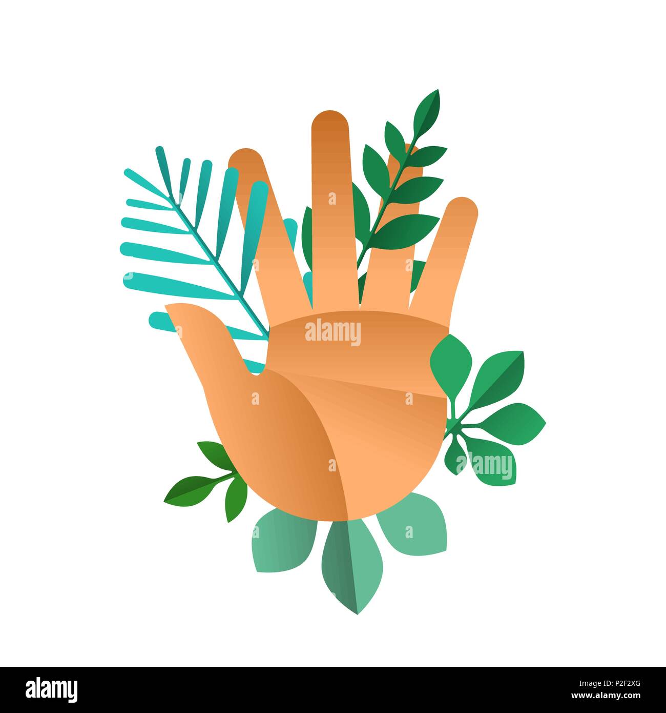Nature Hands Vector Human hand with open fingers and green leaves on isolated background ...