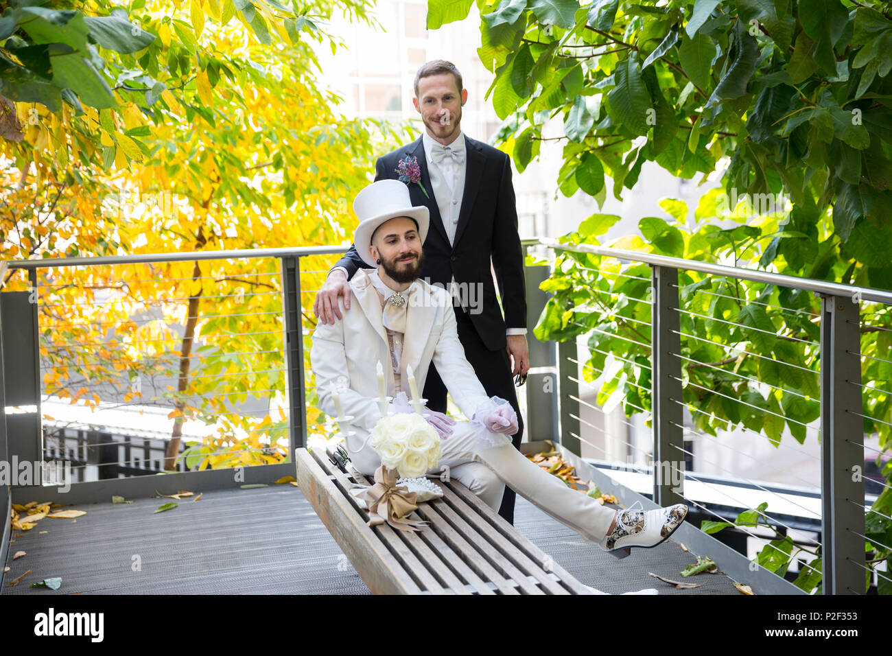 Gay couple, just married, High line, park built on an elevated section of a disused railroad, downtown, Manhattan, New York City Stock Photo