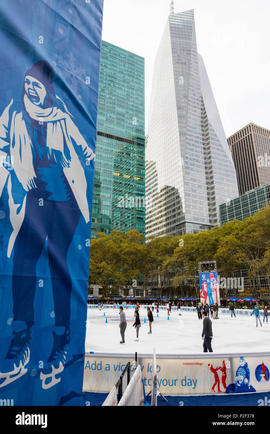 ice skating in Bryant Par in Winter, Manhattan, New York City, USA, America Stock Photo