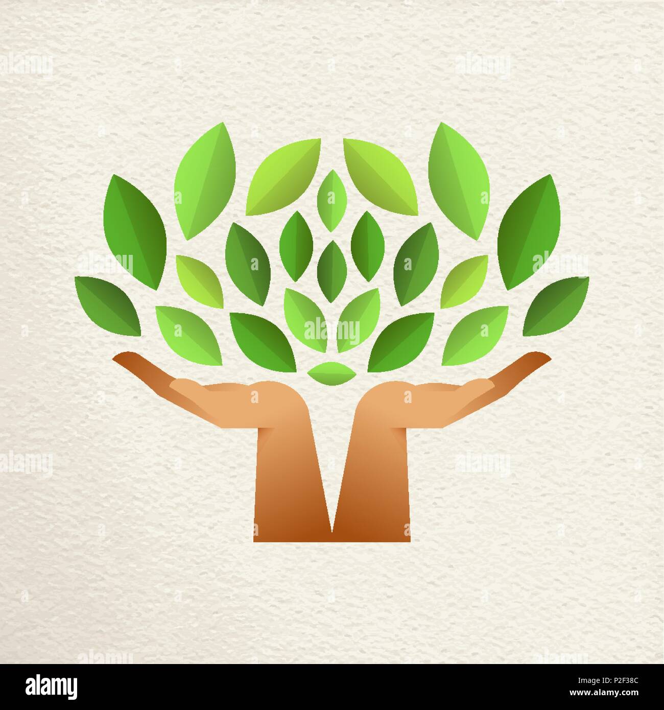 Tree with human hands together and green leaves. Eco friendly concept illustration for environment help, nature care or charity project. EPS10 vector. Stock Vector
