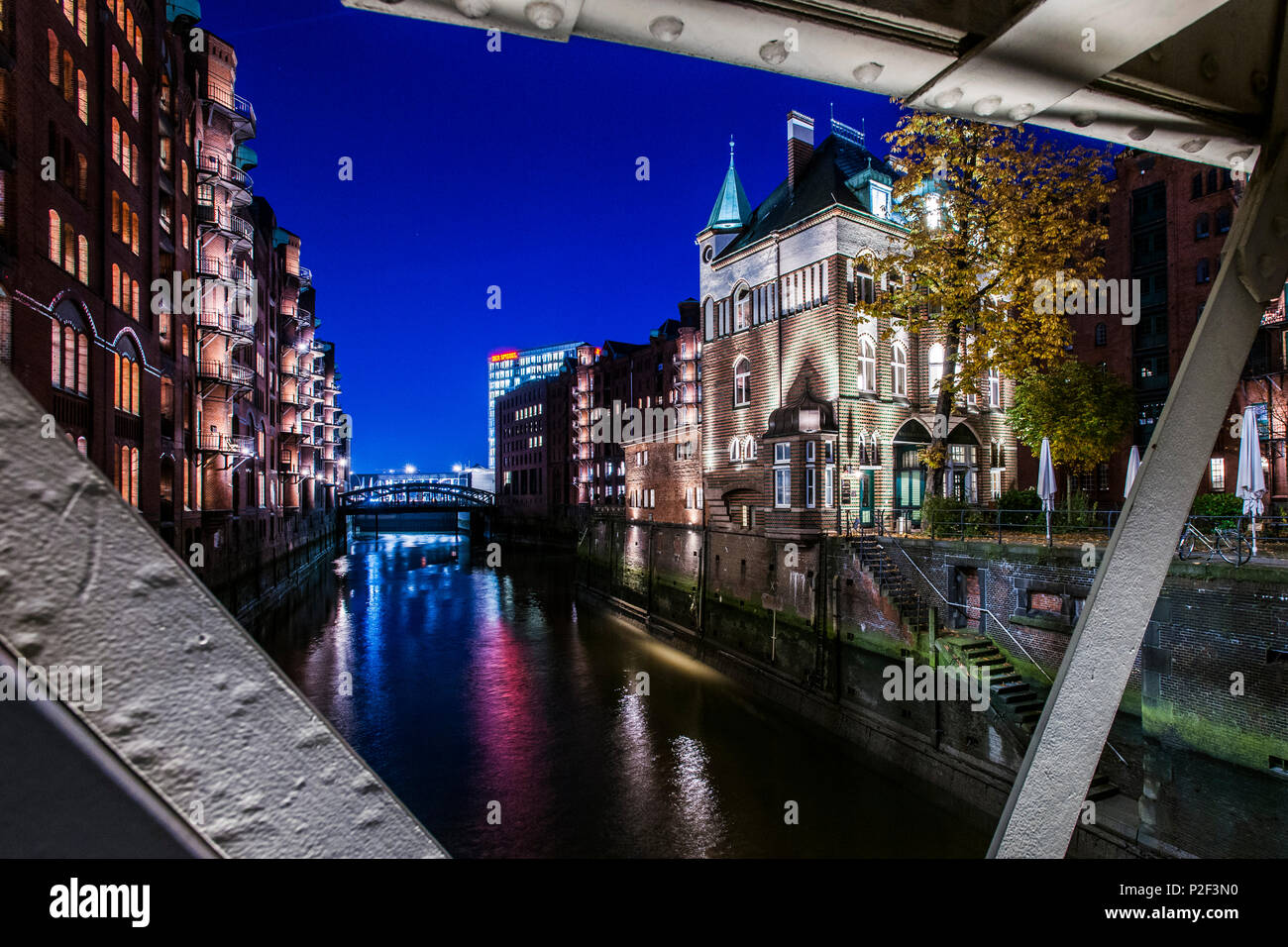 view  to the Watercastle in the old Speicherstadt in the twilight, Hafencity of Hamburg, north Germany, Germany Stock Photo