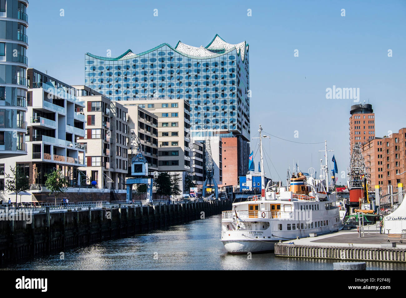 view over the Sandtor harbour to the new Elbphilharmonie, Hafencity of Hamburg, north Germany, Germany Stock Photo