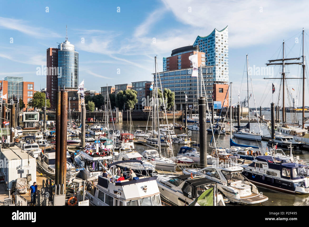 view over the Sport harbour to the Elbphilharmonie, Hafencity of Hamburg, north Germany, Germany Stock Photo