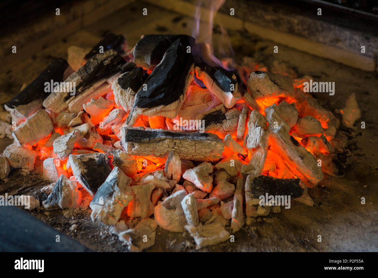 Open fire in the fireplace, Wood, Fire, Warmth Stock Photo