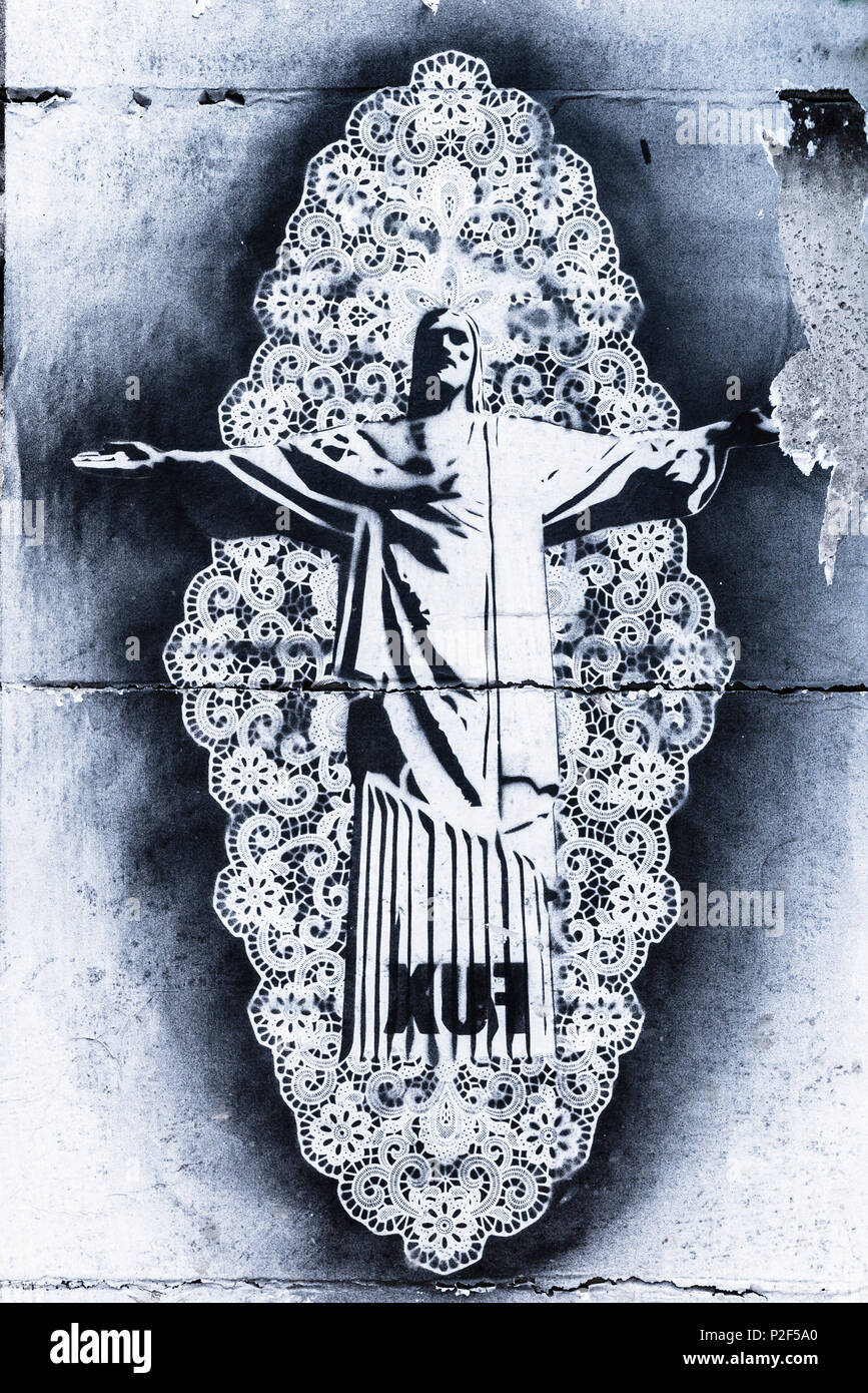 Jesus graffiti on a stone wall in the streets of Sanur, Bali - Indonesia, Java Stock Photo