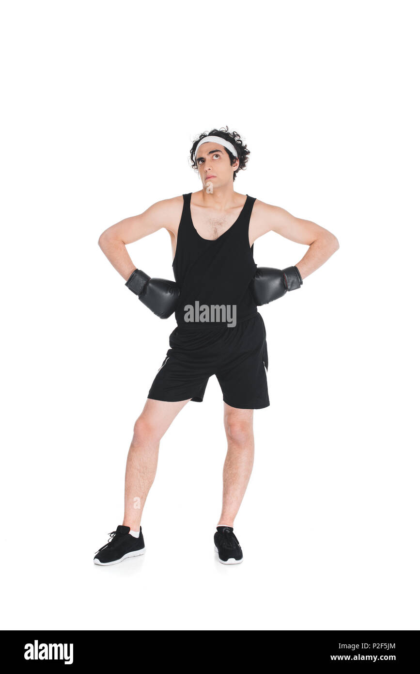 Young thin sportsman in boxing gloves isolated on white Stock Photo Alamy