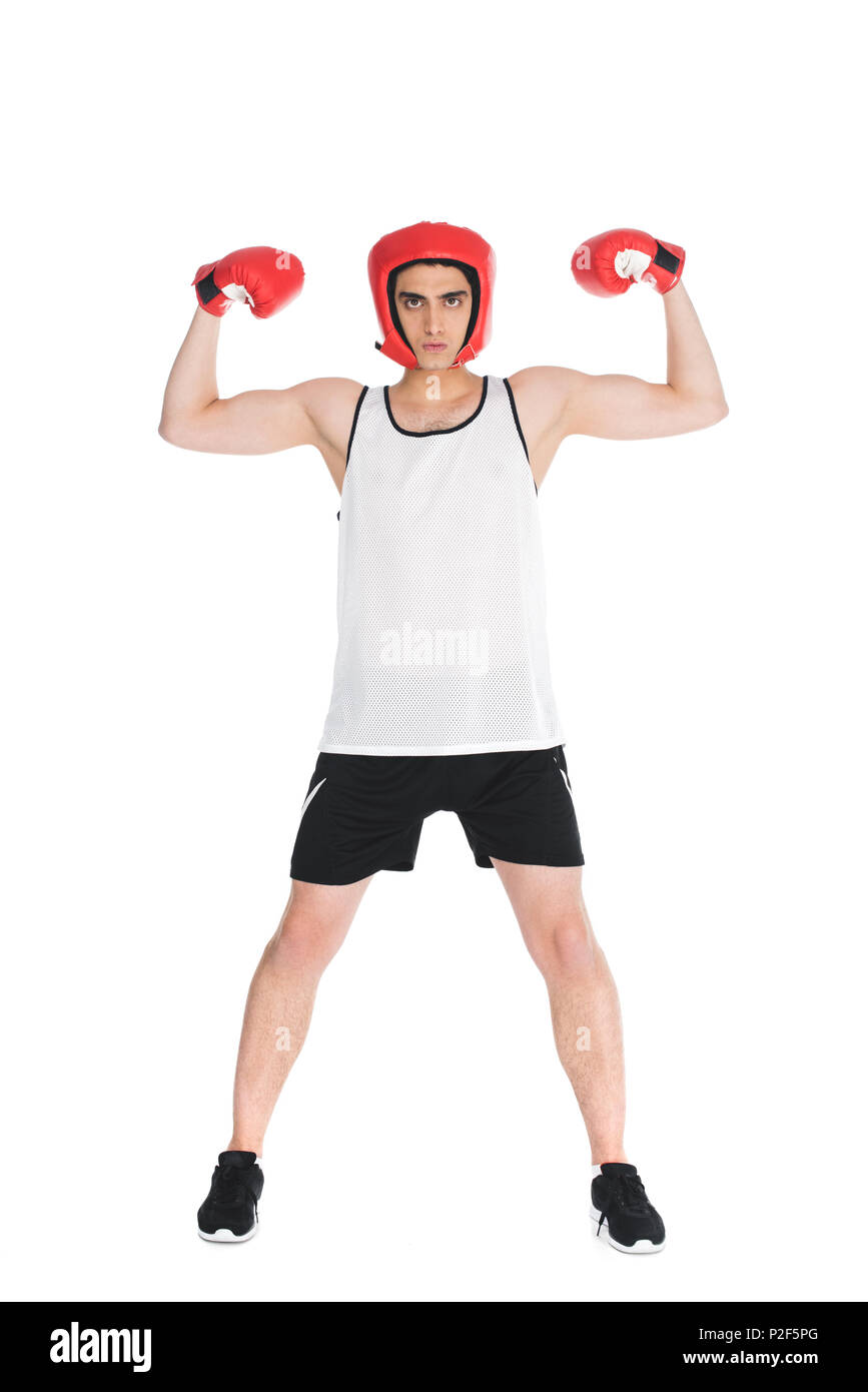 Thin boxer in helmet and gloves showing muscles isolated on white