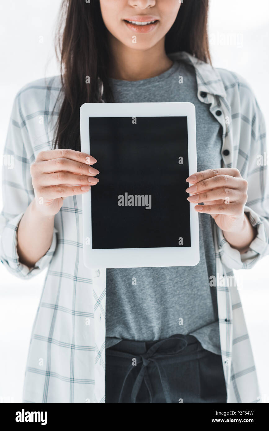 Close-up view of digital tablet with blank screen in female hands Stock ...