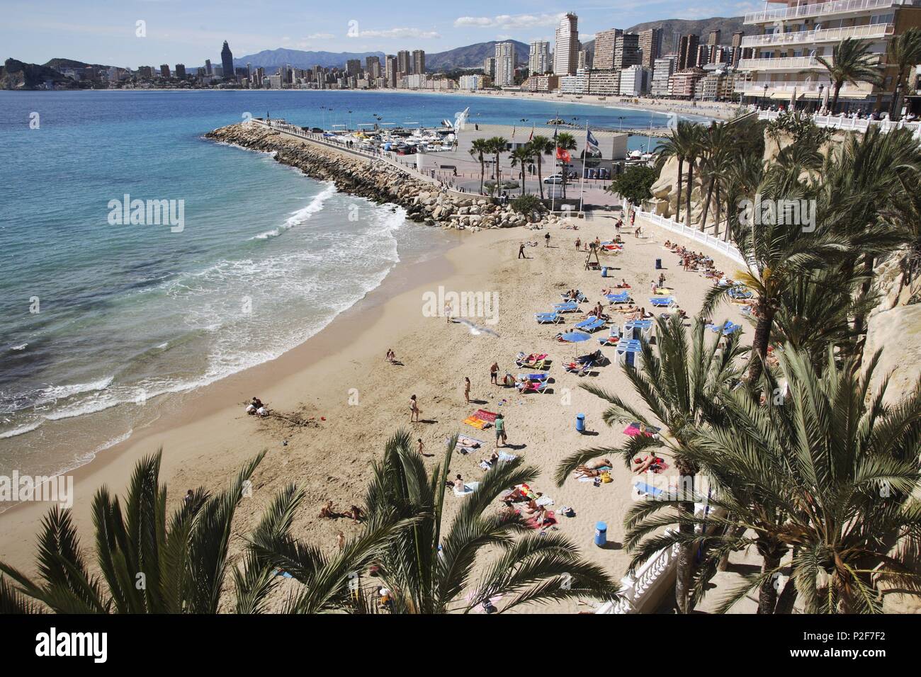 SPAIN - Valencia autonomous region - Alicante. Benidorm, Playas de Mal Pas y de Poniente desde el balcón del Mediterráneo. Stock Photo