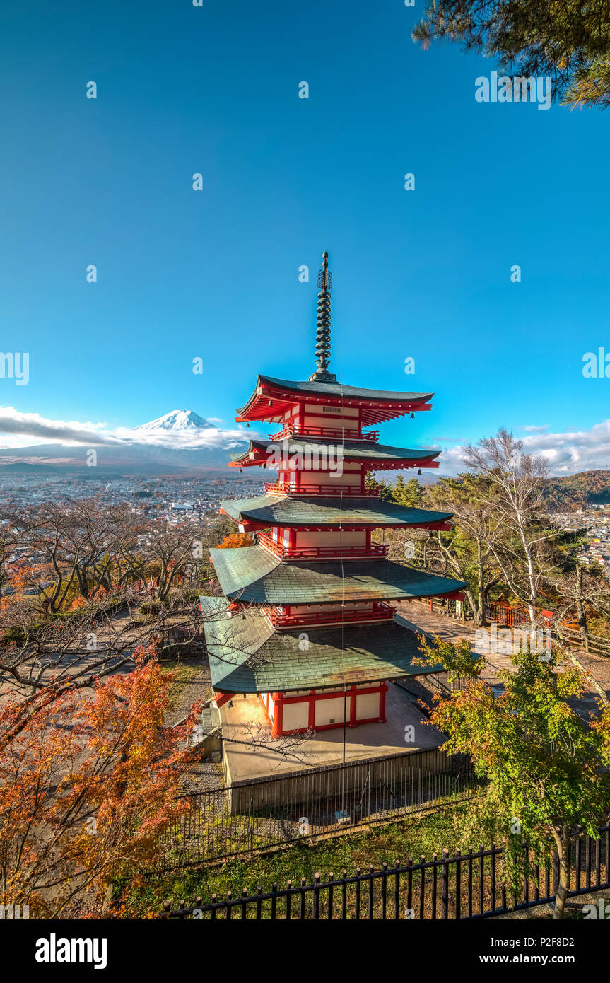 Mt. Fuji and Chureito Pagoda in autumn, Fujiyoshida, Yamanashi Prefecture, Japan Stock Photo