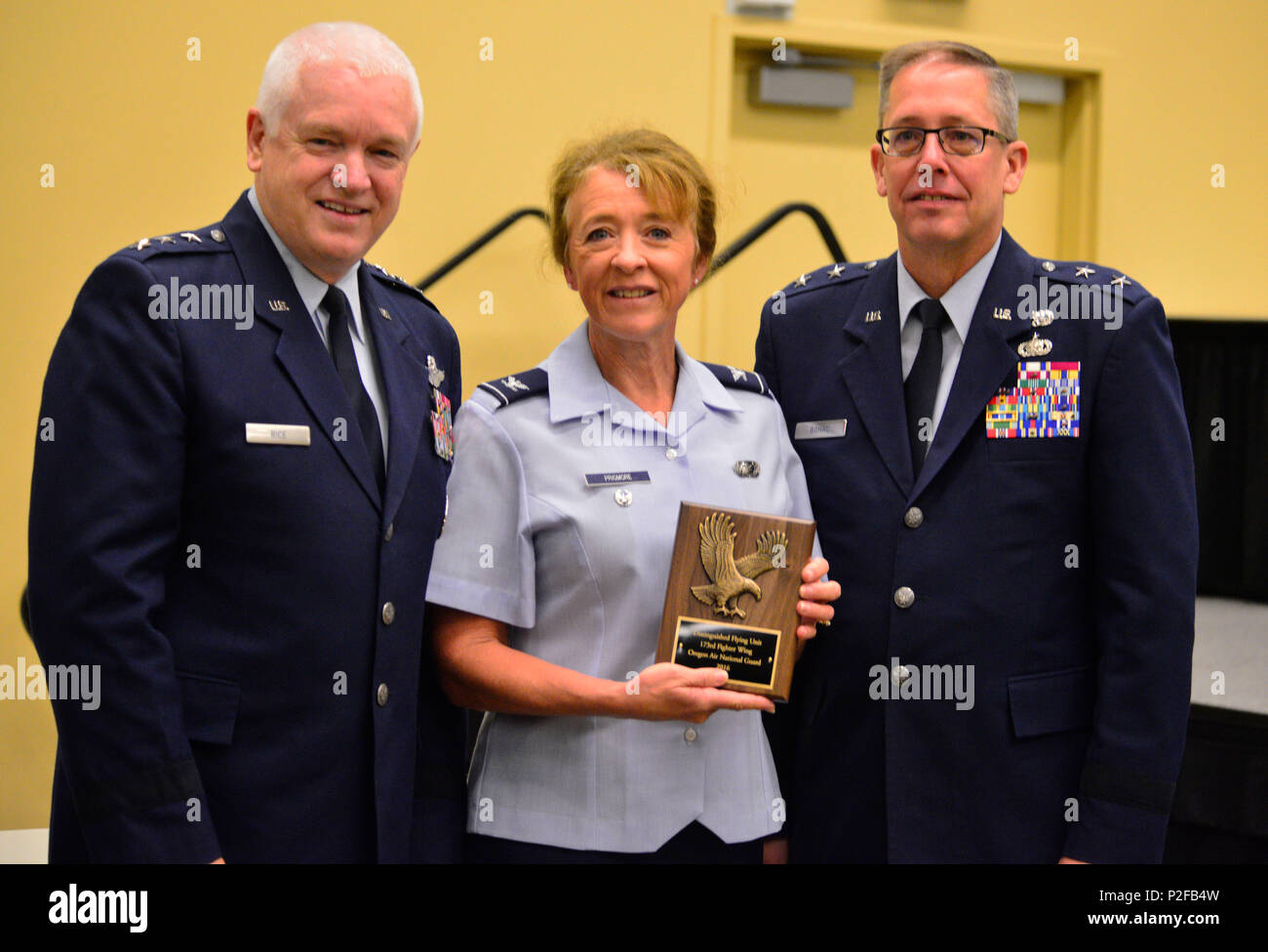 Oregon Air National Guard Col. Donna Prigmore, vice commander of the 173rd Fighter Wing, receives the Distinguished Flying Unit Award for her unit, Sept. 12, during the National Guard Association of the United States (NGAUS) Annual Conference in Baltimore, Maryland. (Photo by Capt. Leslie Reed, Oregon Military Department Public Affairs) Stock Photo
