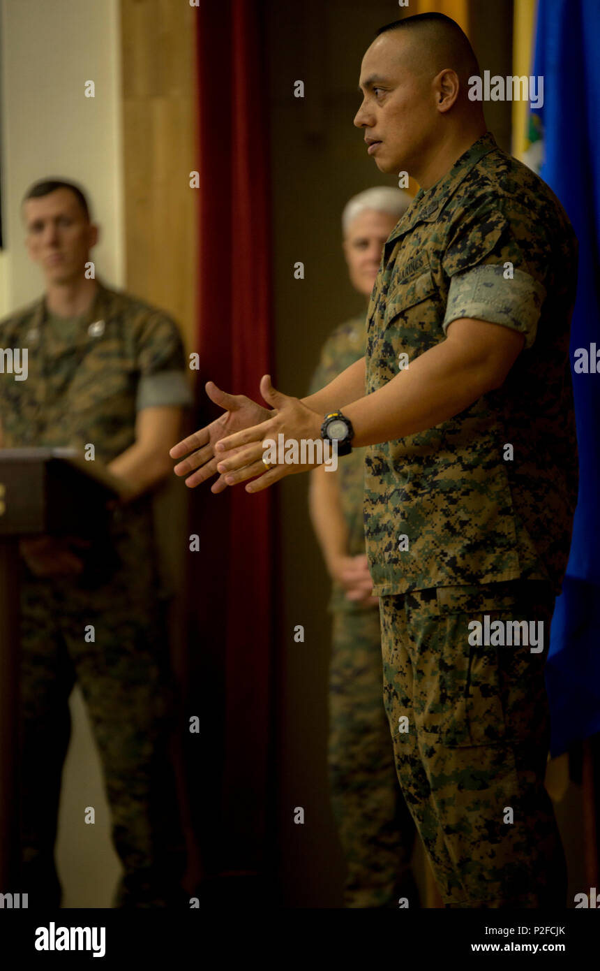 Sgt. Maj. Vincent C. Santiago speaks at the 3rd Marine Division 74th