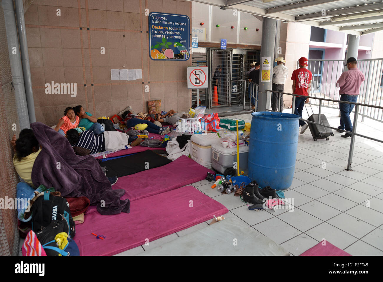 Families from Guatemala and Mexico seeking asylum in the United States wait for many days at the port-of-entry in Nogales, Sonora, Mexico for US offic Stock Photo