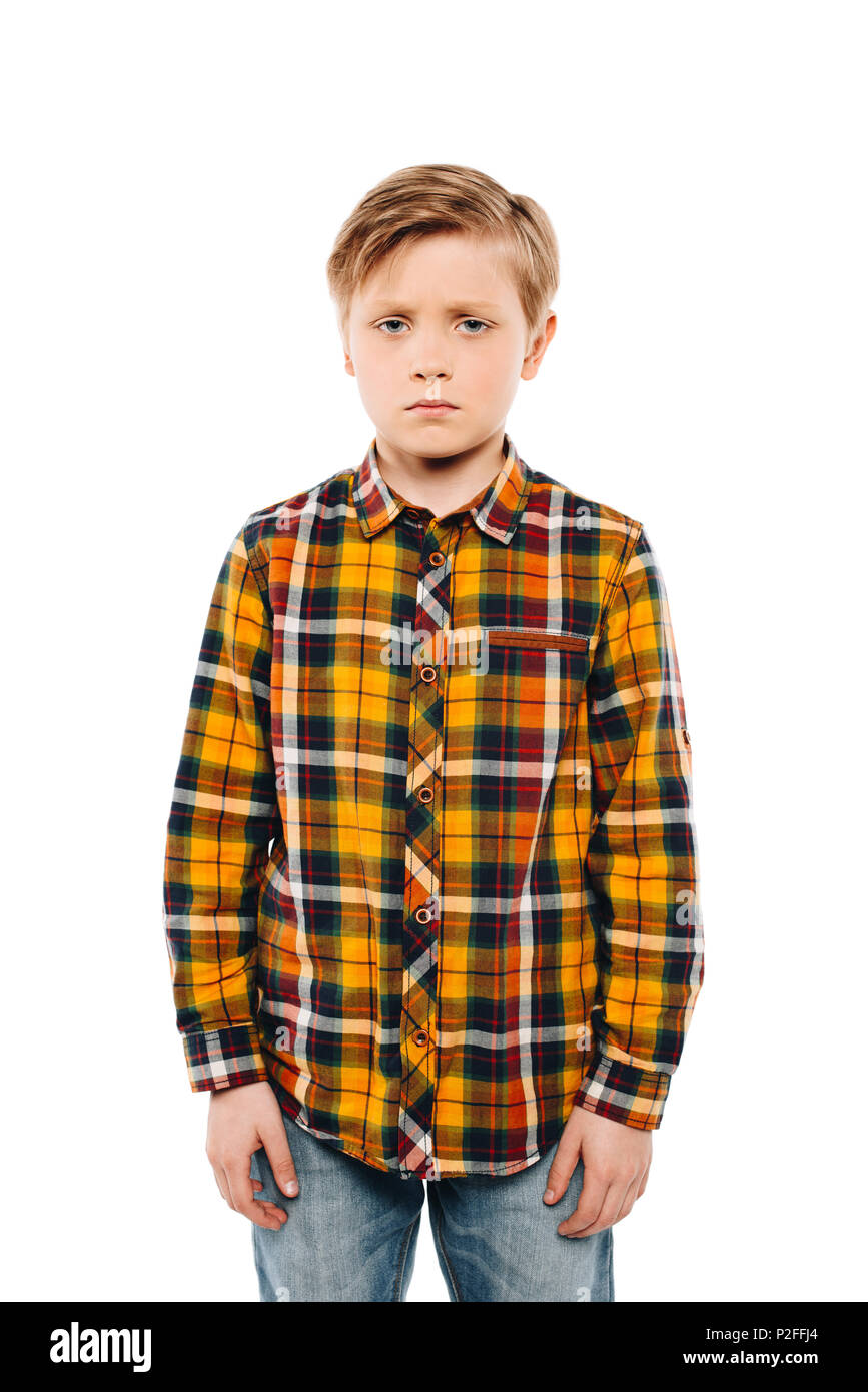 upset little boy looking at camera isolated on white Stock Photo - Alamy