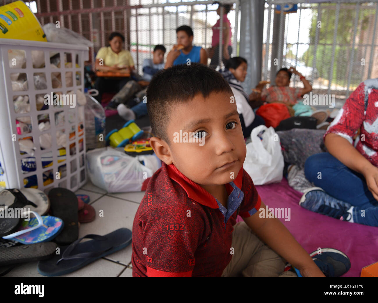 Families from Guatemala and Mexico seeking asylum in the United States wait for many days at the port-of-entry in Nogales, Sonora, Mexico for US offic Stock Photo