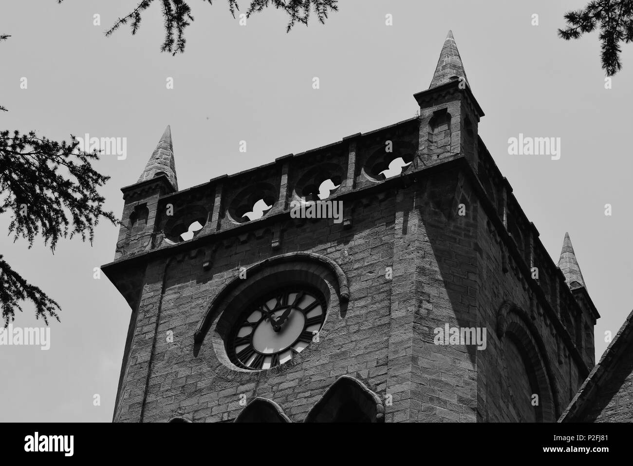A 150 years old clock mounted on top of the Church of England or Christ Church, Himachal Pradesh, Kasauli, India. Stock Photo