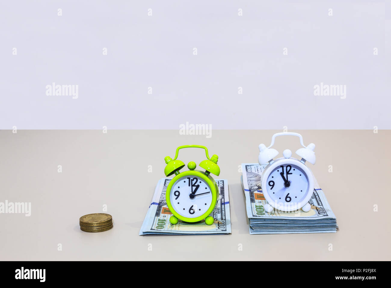 Alarm Clocks on US dollar money stacks refer to Time is Money phrase