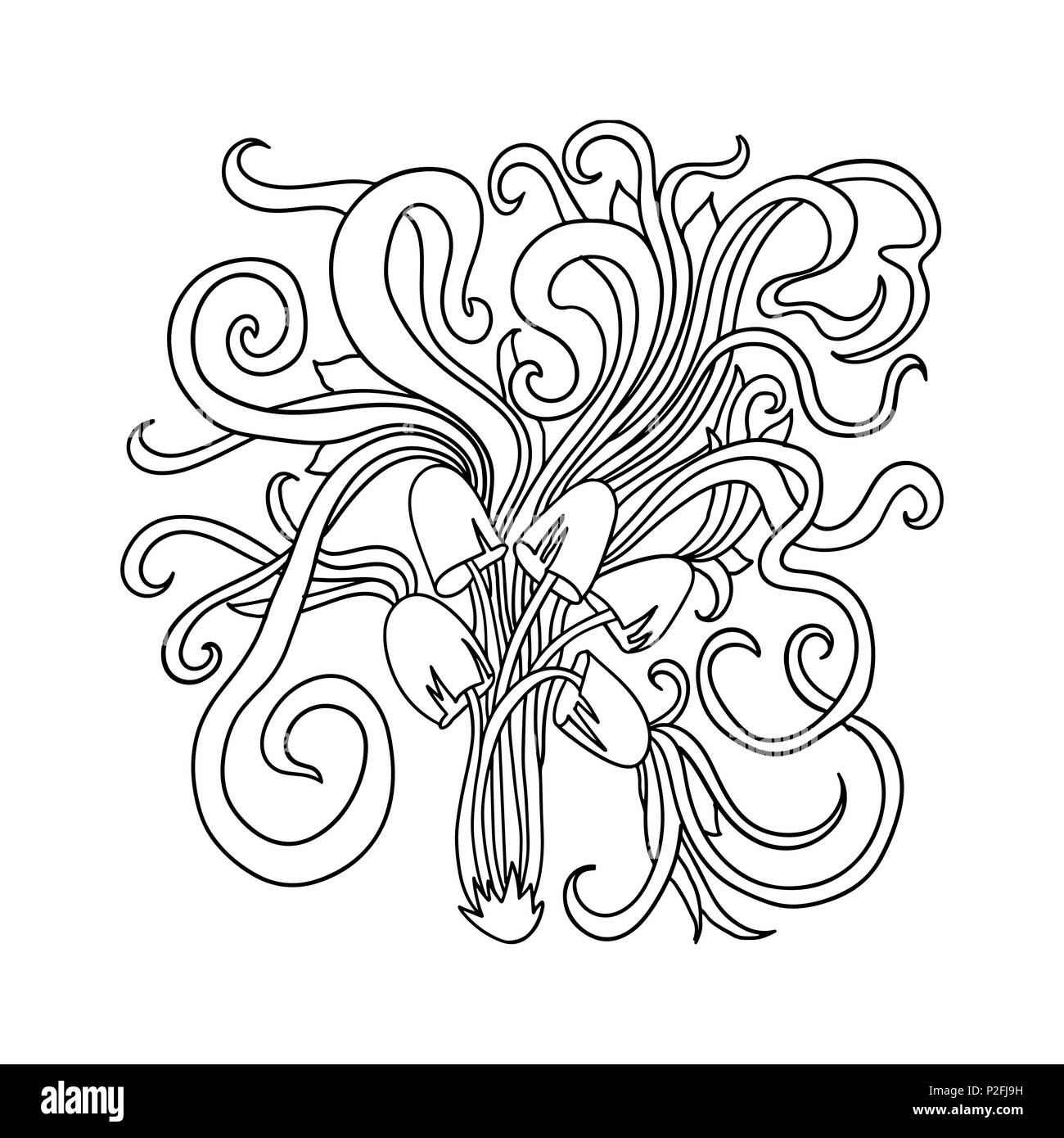 Magic mushrooms pattern. Psychedelic graphic poster. Vector black and white illustration. Stock Vector