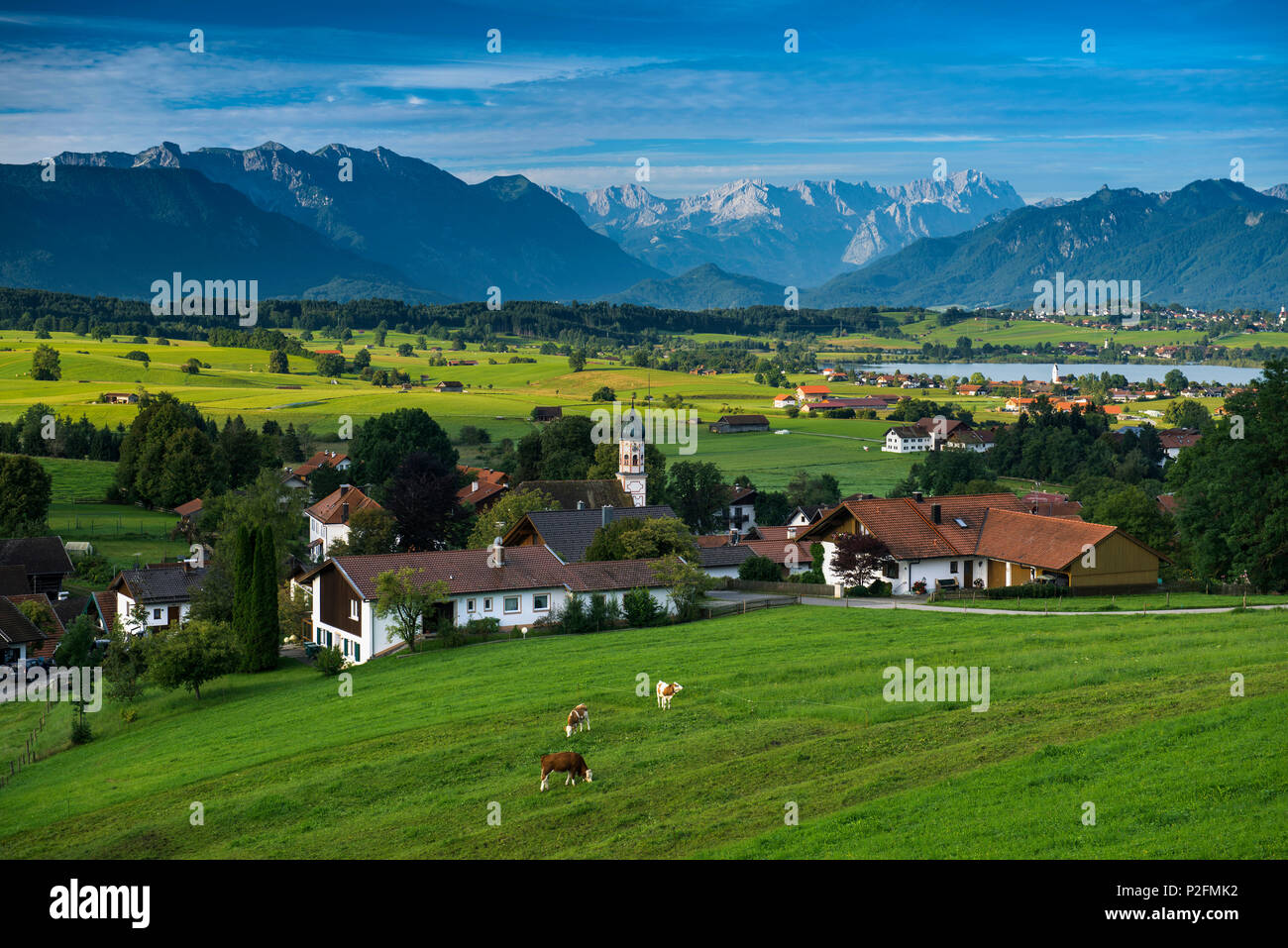 Aidling, Riegsee and Murnau with Zugspitze, Upper Bavaria, Bavaria, Germany Stock Photo