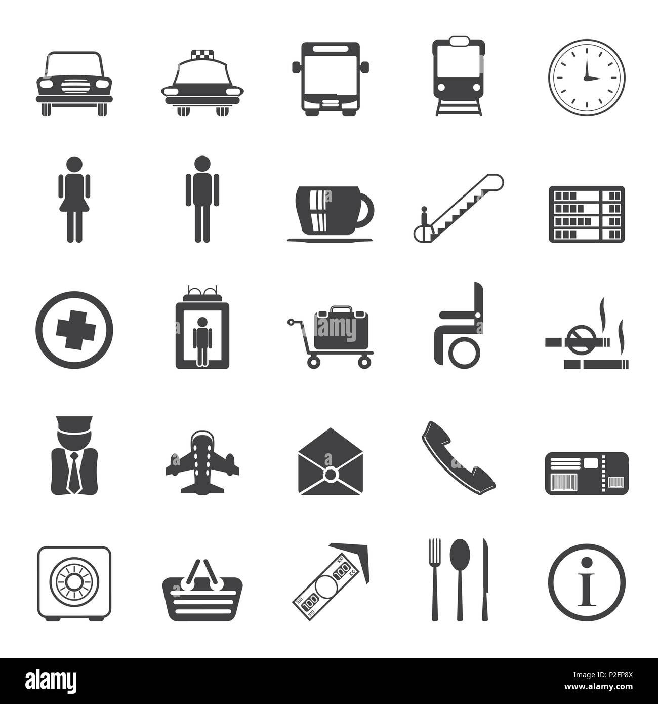 Silhouette Airport, travel and transportation vector icon set Stock Vector