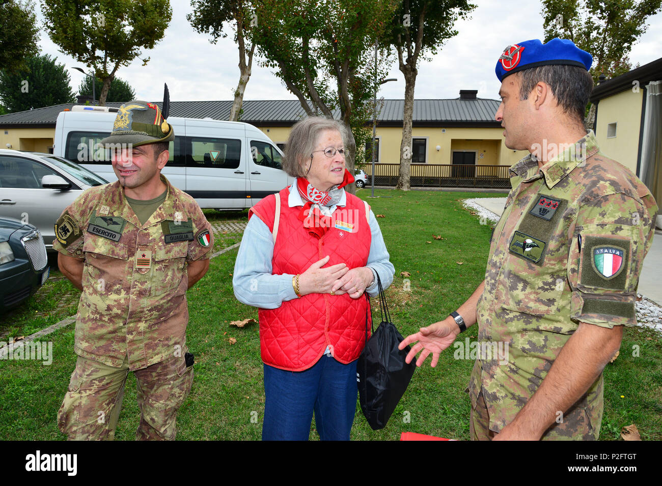 Colonel Umberto D’Andria, Italian Base Commander Caserma Ederle of Vicenza (right), Ms. Maria Giulia Medolago Albani, Sovereign Military Order of Malta (center) and Command Sergeant Major Antonio Quaglia, Command Sgt. Maj. Italian Base Commander (left),  during the visit at caserma Ederle, 22 Sept. 2016, Vicenza, Italy. The Sovereign Military Order of Malta (SMOM) or Order of Malta, is a Roman Catholic  Religious Order traditionally of military, chivalrous and noble nature for defense of Catholic faith and assistance to the poor. (U.S. Army photo by Visual Information Specialist Paolo Bovo/Rel Stock Photo
