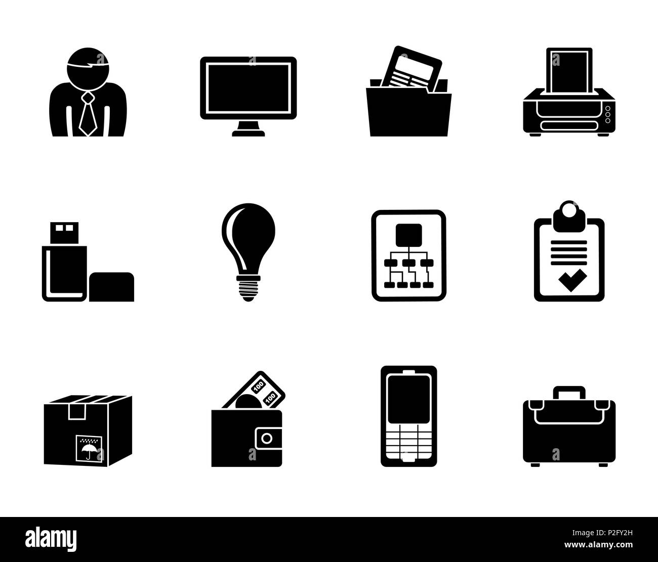 Silhouette Business and office equipment icons vector icon set Stock