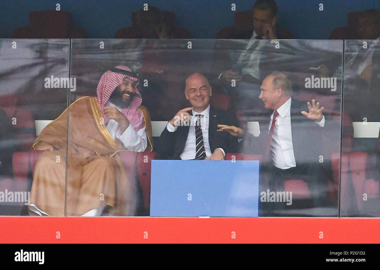 Russia- Saudi Arabia, Soccer, Moscow, June 14, 2018 Crown Prince Mohammed  bin Salman, congrats Vladimir PUTIN, President Russia, Gianni Infantino  FIFA President RUSSIA - SAUDI ARABIA 5-0 FIFA WORLD CUP 2018 RUSSIA