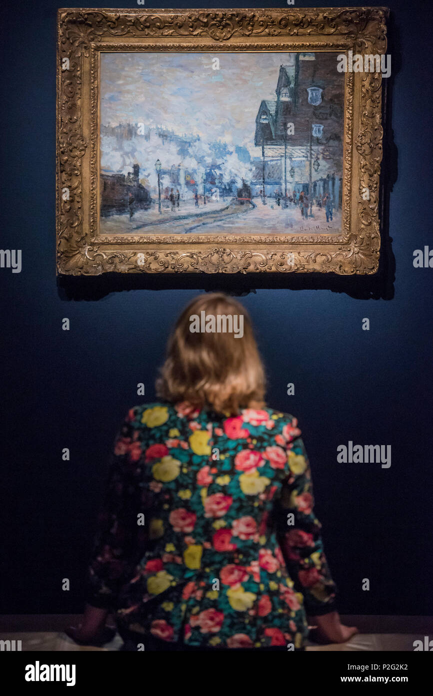 London, UK. 15th June 2018. Claude Monet, La Gare Saint-Lazare, vue extérieure, 1877, estimate on request - Christie’s Impressionist and Modern Art Sale preview. The Modern British Art Evening Sale will take place on 19 June 2018 at Christie’s King Street. Credit: Guy Bell/Alamy Live News Stock Photo