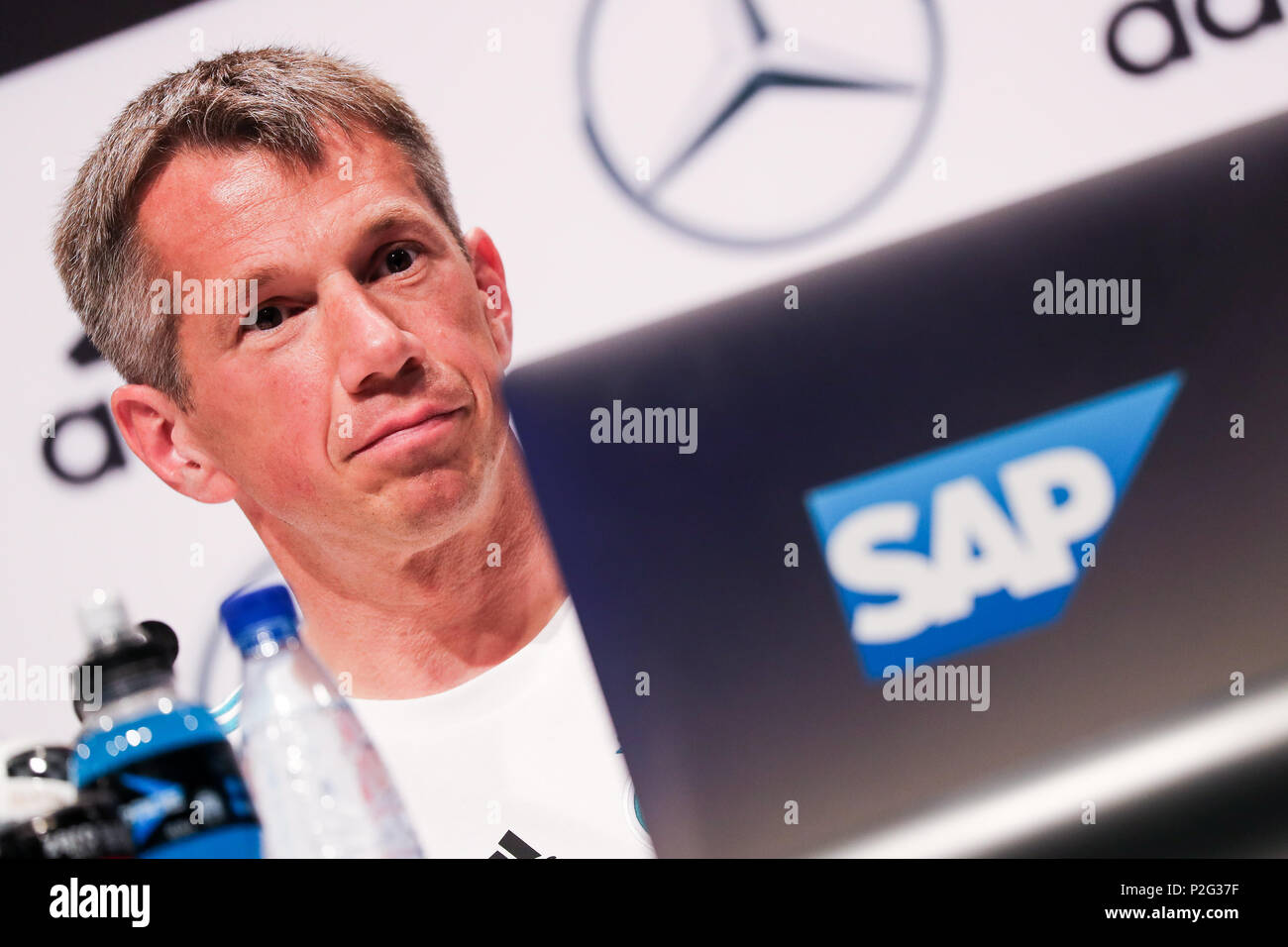15 June 2018, Russia, Vatutinki: Soccer, World Cup, National team, Germany, team quarters. Christofer Clemens, scouting and match analyst for the DFB ("German Soccer Federation"), talking during the press conference. The DFB and SAP Gave a briefing during a press conference on the use of new technologies like the "video cockpit" and "player dashboard" during training and game analysis. Photo: Christian Charisius/dpa Stock Photo
