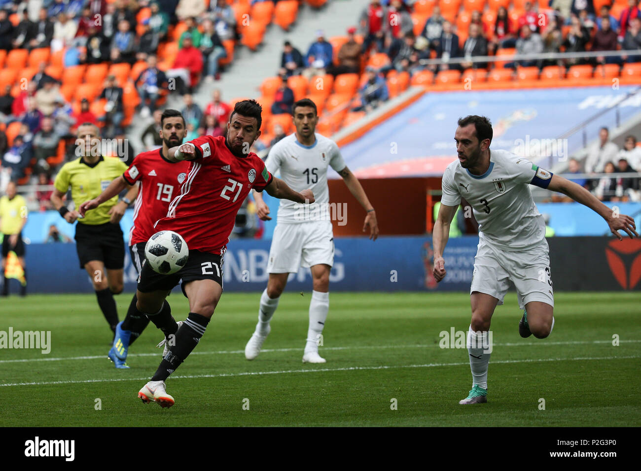 Yekaterinburg Russia 15th June 18 Egypt S Mahmoud Hassan Trezeguet L Shoots On Goal During The Fifa World Cup 18 Group A Soccer Match Between Egypt And Uruguay At The Ekaterinburg Arena In