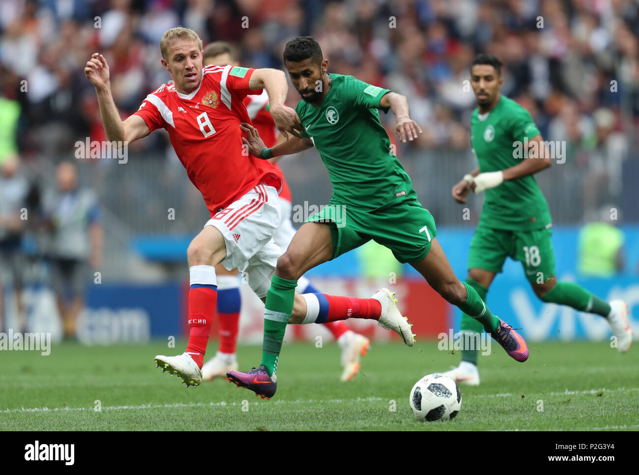 Yuri Gazinskiy & Salman Al-Faraj RUSSIA V SAUDI ARABIA RUSSIA V SAUDI ARABIA, 2018 FIFA WORLD CUP RUSSIA 14 June 2018 GBC8050 2018 FIFA World Cup Russia STRICTLY EDITORIAL USE ONLY. If The Player/Players Depicted In This Image Is/Are Playing For An English Club Or The England National Team. Then This Image May Only Be Used For Editorial Purposes. No Commercial Use. The Following Usages Are Also Restricted EVEN IF IN AN EDITORIAL CONTEXT: Use in conjuction with, or part of, any unauthorized audio, video, data, fixture lists, club/league logos, Betting, Games or any 'live' serv Stock Photo