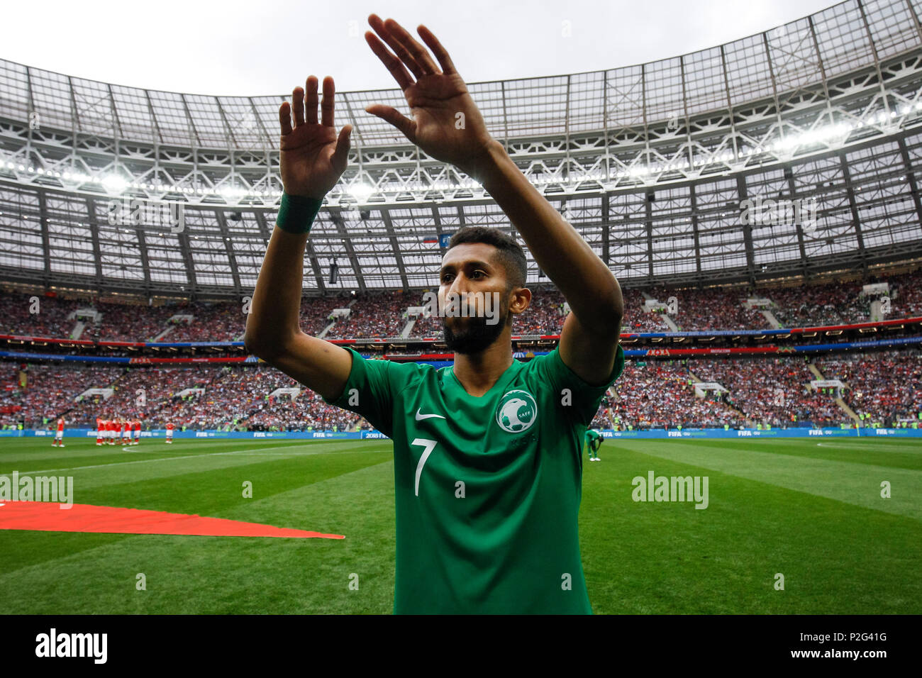 Salman Al-Faraj of Saudi Arabia during an Iceland training session, prior to their 2018 FIFA World Cup Group D match against Argentina, at Spartak Stadium on June 15th 2018 in Moscow, Russia. (Photo by Daniel Chesterton/phcimages.com) Stock Photo