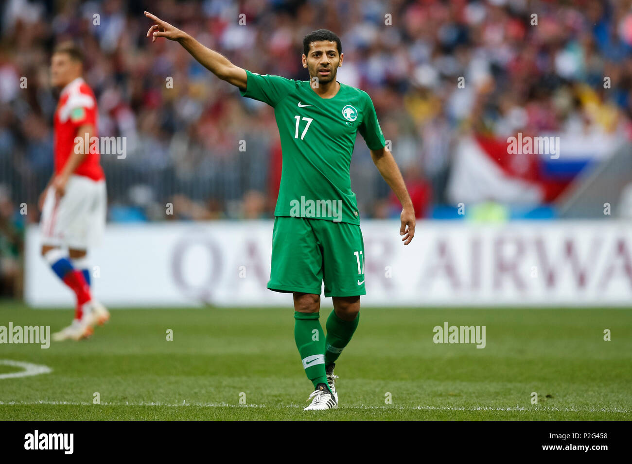 Moscow, Russia. 14th June 2018. Taisir Al-Jassim of Saudi Arabia during the 2018 FIFA World Cup Group A match between Russia and Saudi Arabia at Luzhniki Stadium on June 14th 2018 in Moscow, Russia. Credit: PHC Images/Alamy Live News Stock Photo