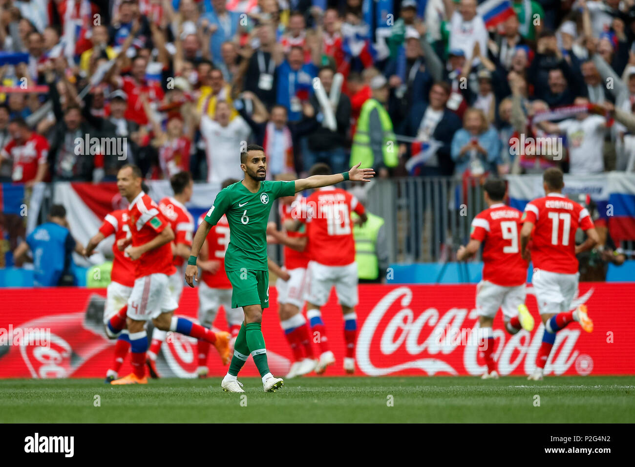 Moscow, Russia. 14th June 2018. Mohammed Al-Breik of Saudi Arabia looks dejected after his side concede their first goal to make the score 1-0 during the 2018 FIFA World Cup Group A match between Russia and Saudi Arabia at Luzhniki Stadium on June 14th 2018 in Moscow, Russia. Credit: PHC Images/Alamy Live News Stock Photo